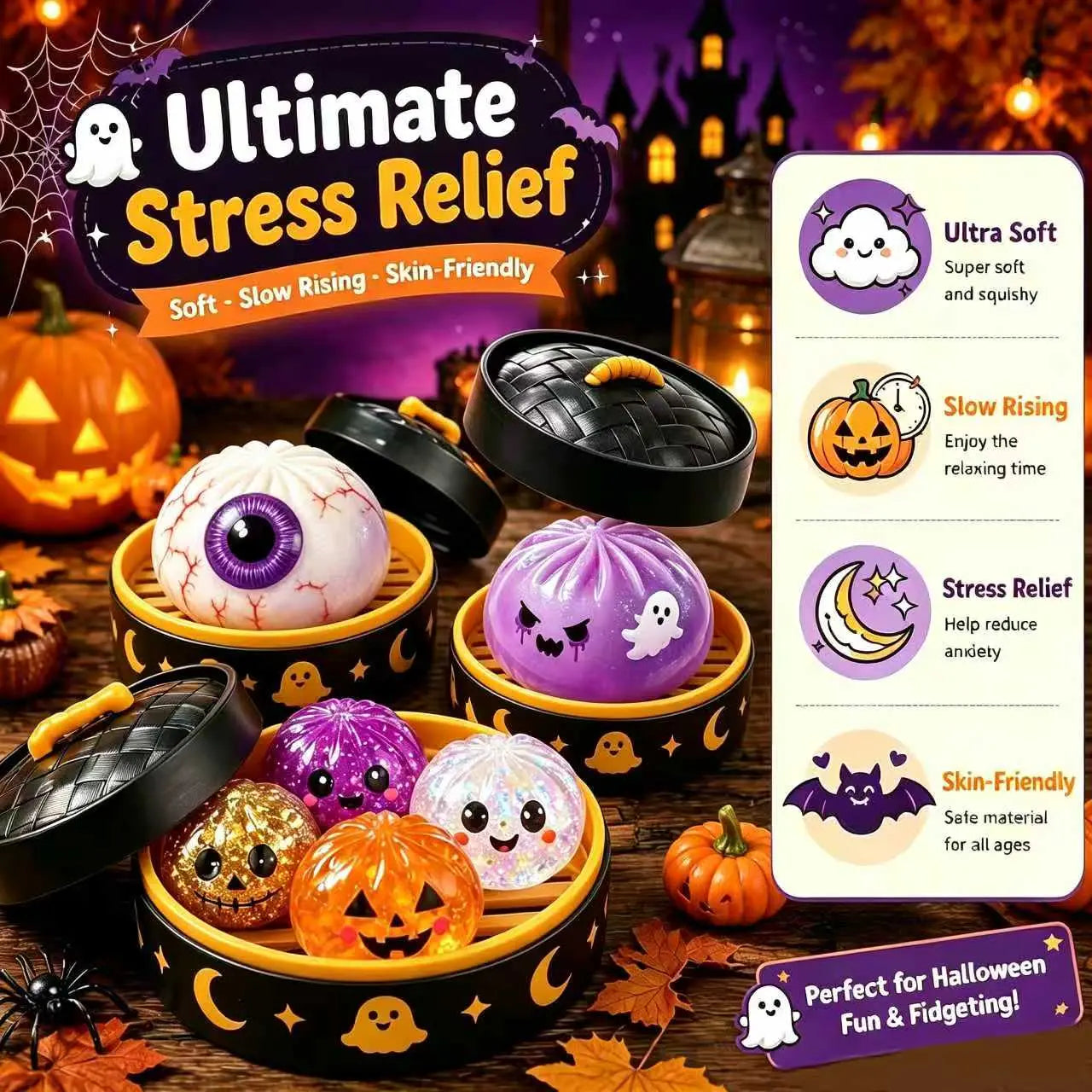 Adorable Halloween Ghost Maruko Squishy Squeeze Toy Set - Mini Stress Relievers for Spooky Fun and Party Treats