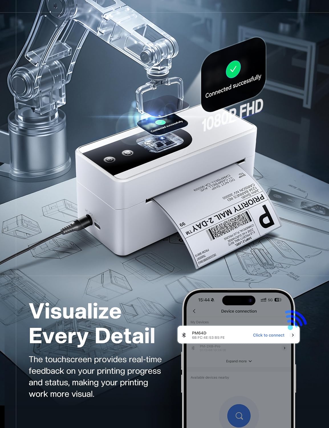 Revolutionize Your Shipping with the PM64D Thermal Label Printer - Portable, Bluetooth Enabled, and Compatible with All Major Platforms!